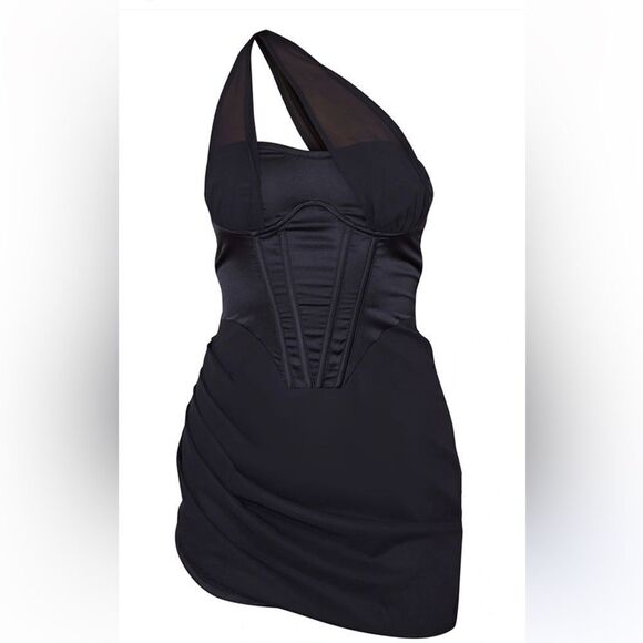 Black Satin Underwired Corset Mesh Strap Detail Bodycon Dress NWT - Picture 1 of 4